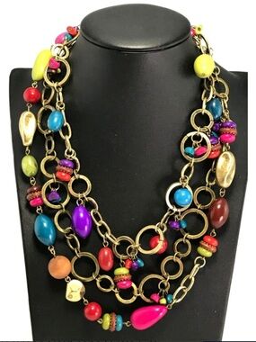 Premier Designs Gold-Tone Multicolor Bead Layered Necklace& Bracelet Set
